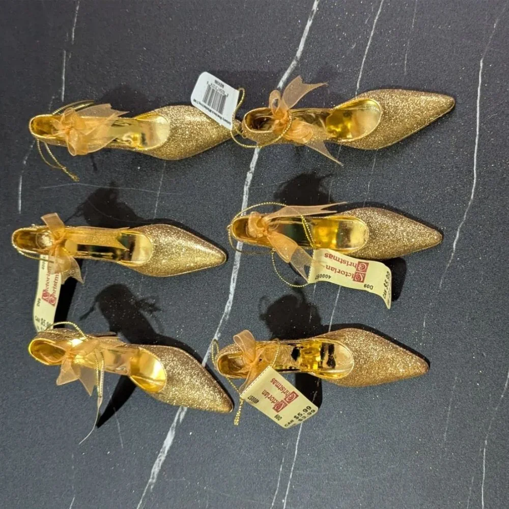 Christmas Gold‎ tone Glitter Pump shoe Ornaments - Pack Of 6 High Heel Décor